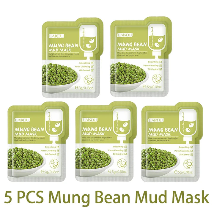 LAIKOU 5pcs Mud Mask Clay Mask Sakura Matcha Eggplant Tea Tree Mung Bean Oil-Control Deep Cleansing Repairing Facial Skin Care