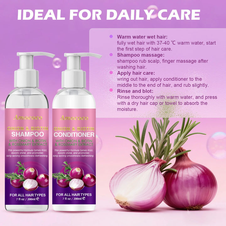 Amococo 2pcs X 200ml Shampoo and Conditioner Set with Onion Biotin Rosemary Hair Care Duo for All Hair Types Frizz Control Shine Boosting Sulfate Free