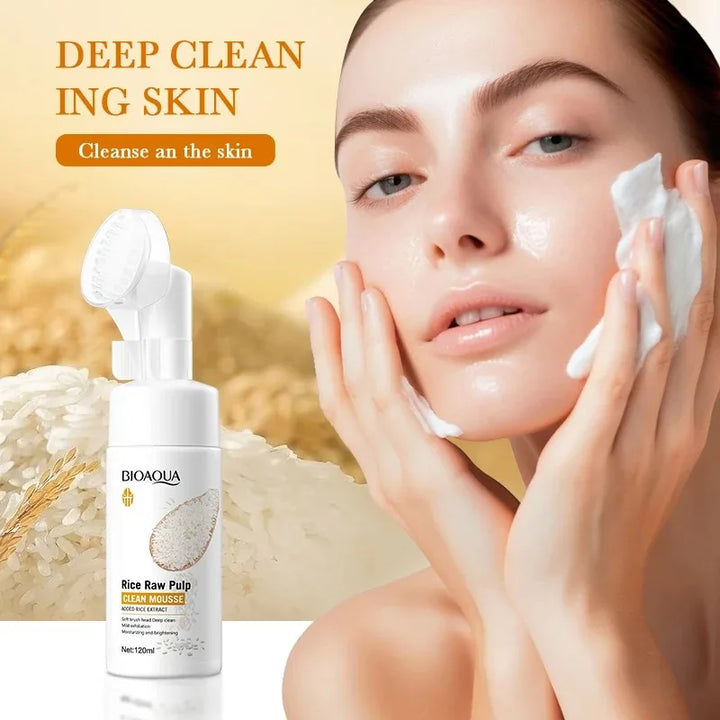 120ml Bioaoua Rice Puree Foaming Cleanser Cleansing Mousse Soothing Cleanser, Cleansing Foam with Brush Head