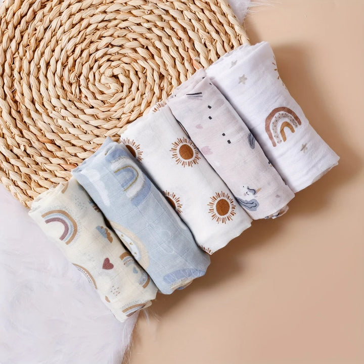 Happyflute 60x60CM Bamboo Cotton Muslin Square Towels 5-Piece Set Soft Gauze Wipes for Baby Face And Bath Newborn Baby Bibs