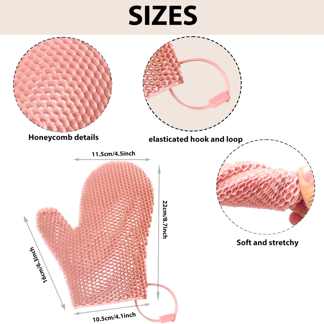 Exfoliating shower glove with colorful honeycomb weave and TPU high elasticity antibacterial material - gentle, safe and durable