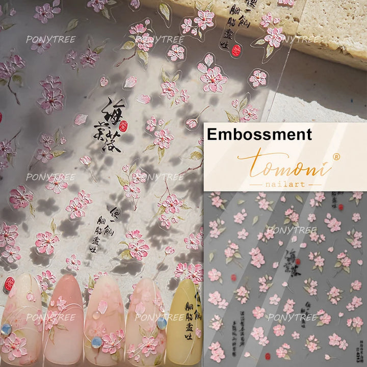 Flowers Blooming Cherry Blossom Sakura Living Peach Branch 5D Soft Relief Spring Adhesive Nail Art Sticker Chic Manicure Decals