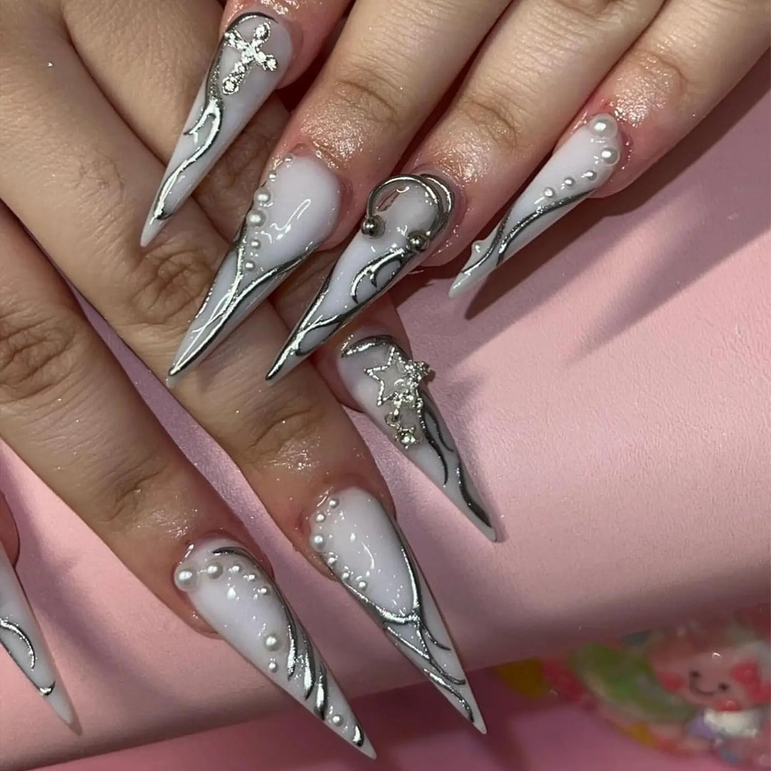 70PCS Star Nail Charms for Acrylic Nails,Silver Star Planet Cross Alloy Nail Art Decoration, Nail Stones Nail Jewels Accessorie