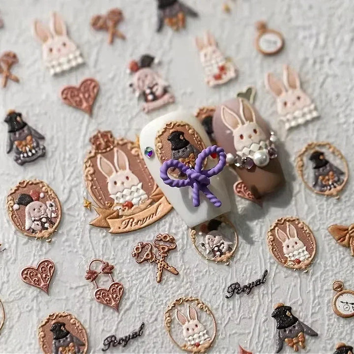 Lovely Cat Bunny Bowknot Poker Crown Lock Key Easter Eggs Love Cute Rabbit Mushroom Chick Flower Dog DIY Nail Art Stickers Decal