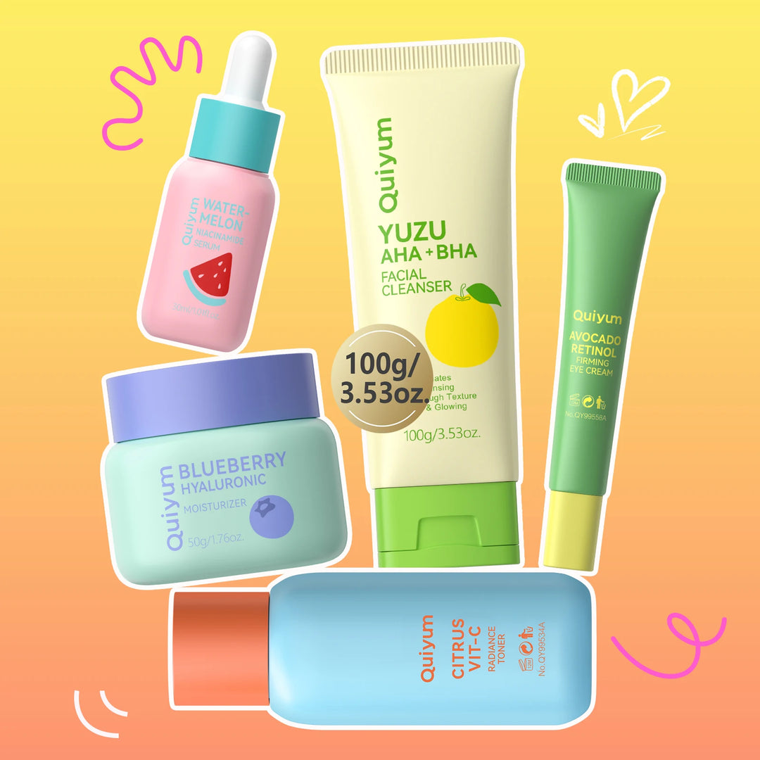 QUIYUM Fruit Fresh Collection 5-Piece Skincare Set Brightening Hydrating Anti-Age Facial Care for Dry Dull Skin