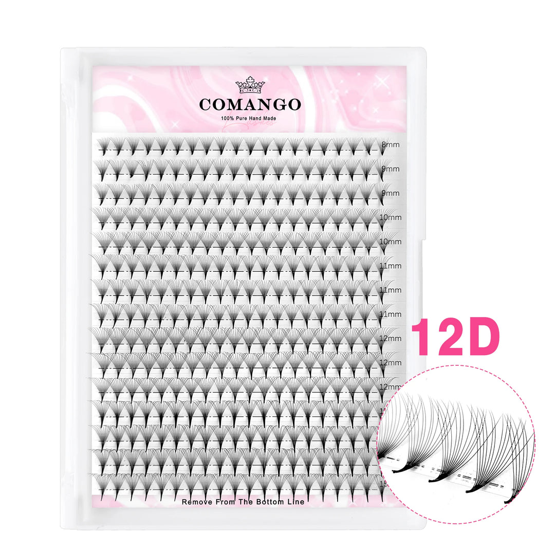 CoMango Premade Volume Fans Sharp Narrow Stem Russian Eyelash Extension Mink Eyelash Extension All Size False Lashes Tray
