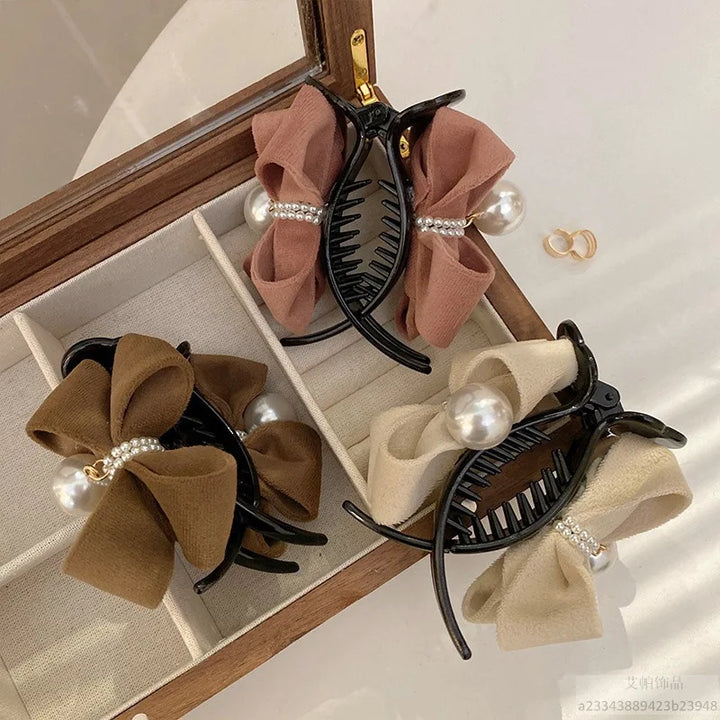 1 Piece of Bow, Pearl Clip, Temperament, Shark Clip, Korean Gentle Style Fabric Hair Accessory Girl Hair Accessoires