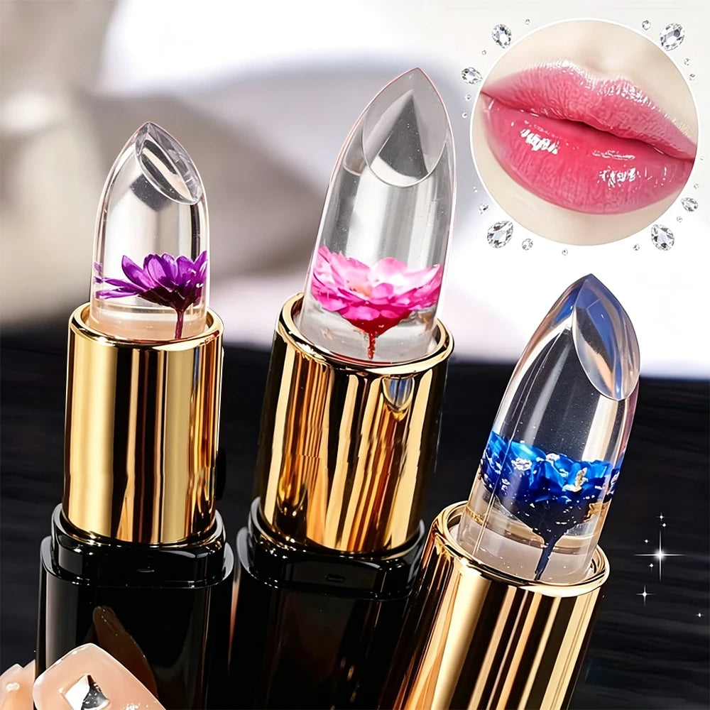 HISYI Crystal Color Changing Petal Lipstick, Jelly Lip Balm, Moisturizing Long Lasting Non-Stick Cup Glossy Lip Makeup for Women