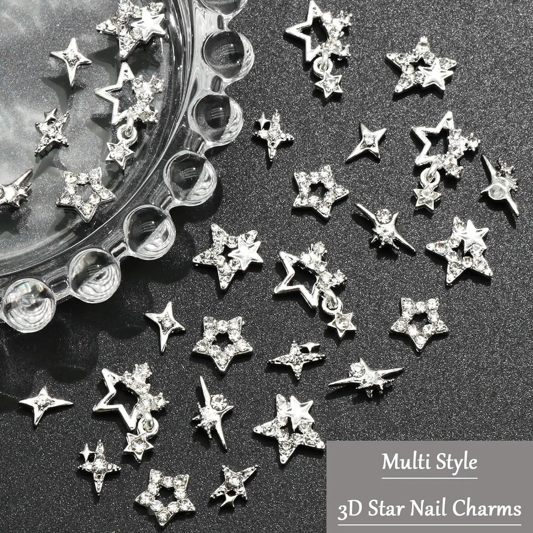 30PCS Silver Star Nail Charms Shiny 3D Stars Nail Gems Starlight Nail Jewelry Y2K Charms for Acrylic Nails Decoration Met