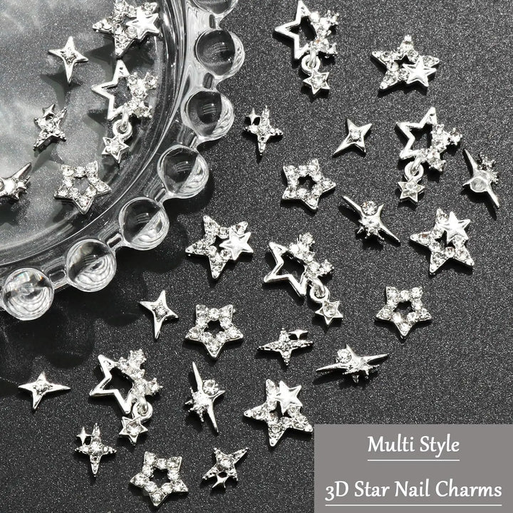 30PCS Silver Star Nail Charms Shiny 3D Stars Nail Gems Starlight Nail Jewelry Y2K Charms for Acrylic Nails Decoration Met