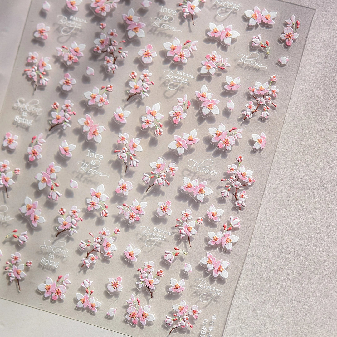 Flowers Blooming Cherry Blossom Sakura Living Peach Branch 5D Soft Relief Spring Adhesive Nail Art Sticker Chic Manicure Decals