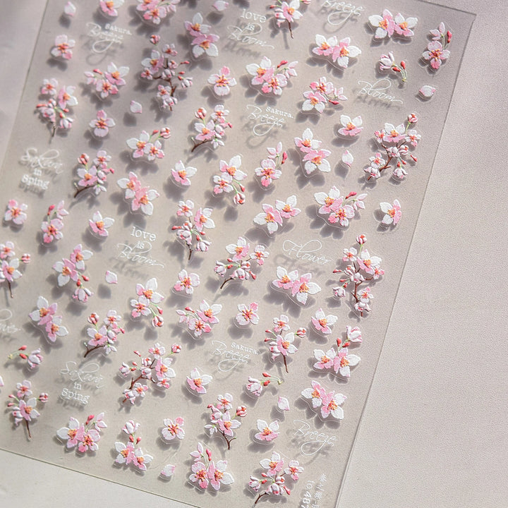 Flowers Blooming Cherry Blossom Sakura Living Peach Branch 5D Soft Relief Spring Adhesive Nail Art Sticker Chic Manicure Decals
