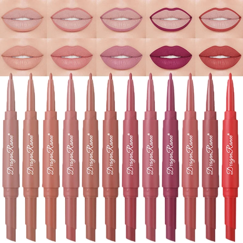 Waterproof Nude Matte Lip Liner Pencil Double Ended Matte Lipstick Lasting Moisturizing Rose Red Lipstick 2 in 1 Lipliner Makeup