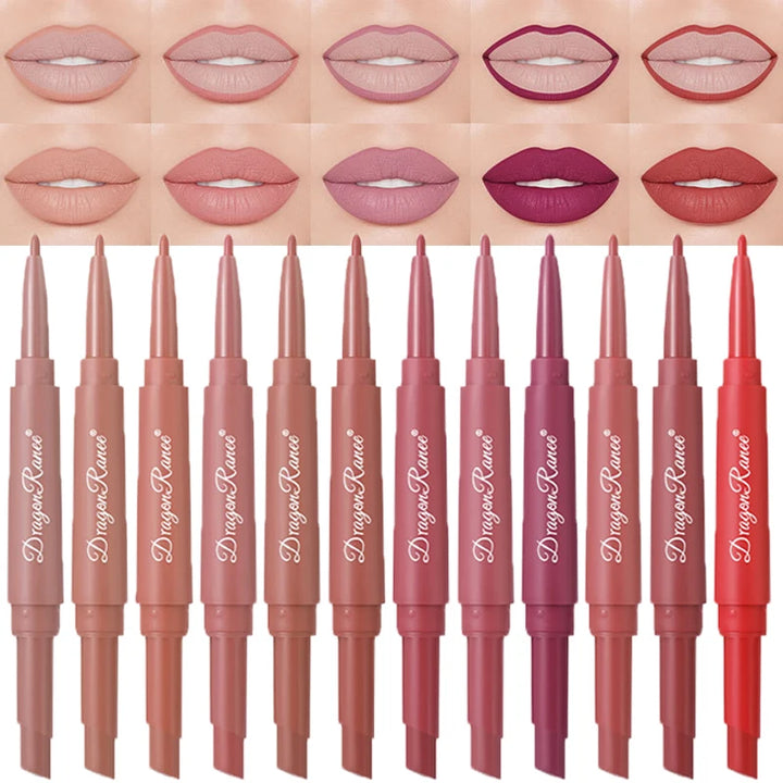 Waterproof Nude Matte Lip Liner Pencil Double Ended Matte Lipstick Lasting Moisturizing Rose Red Lipstick 2 in 1 Lipliner Makeup