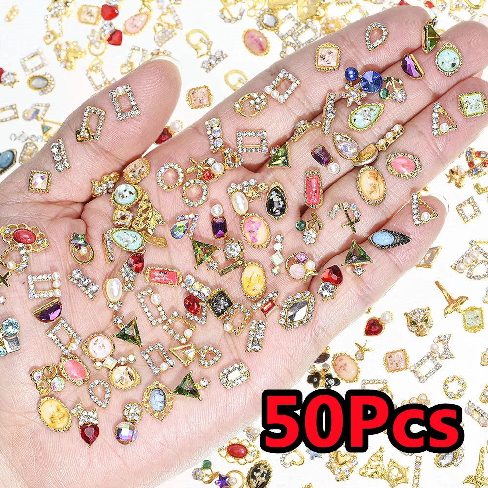 50Pcs 3D Mixed Random Luxury Nail Charms Metal Gold/Silver Butterfly/Bowknot Nail Art Decoration With Crystal Manicure Jewelry