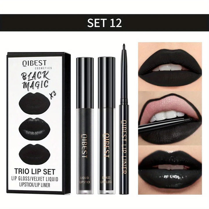 3 in 1 Lipstick and Lipliner Set, Long Lasting Waterproof Lip Stain Liquid Lipgloss Set for Women Halloween Gothic Makeup