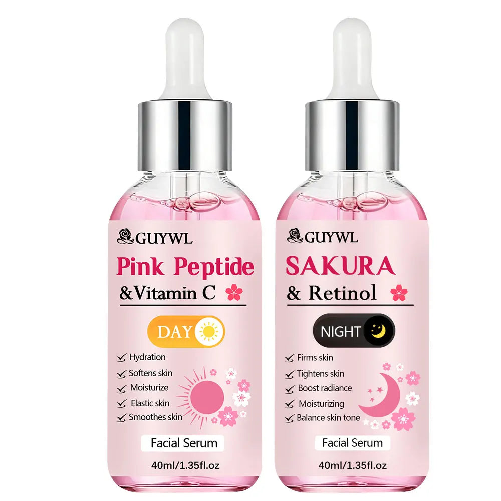 GUYWL Pink Peptide & Vitamin C Sakura & Retinol Facial Cream & Serum Set Day Night Care Combination with Niacinamide Hyaluronic