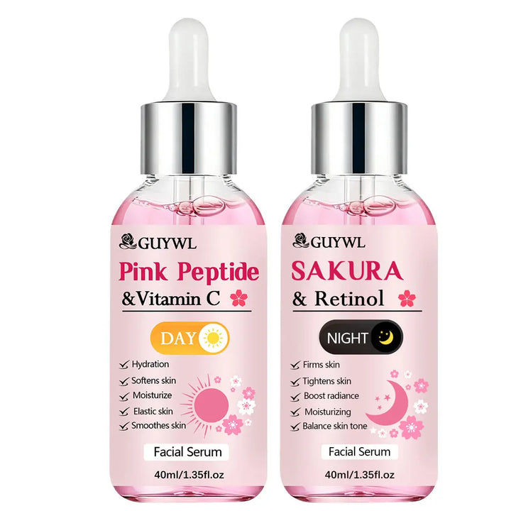 GUYWL Pink Peptide & Vitamin C Sakura & Retinol Facial Cream & Serum Set Day Night Care Combination with Niacinamide Hyaluronic