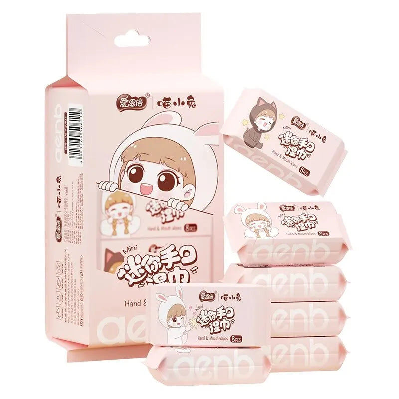 Hypoallergenic Hand & Mouth Wipes, 64 Sheets Thick & Moisturizing Cloth, Portable Travel Pack (8 Packs) for Sensitive Skin