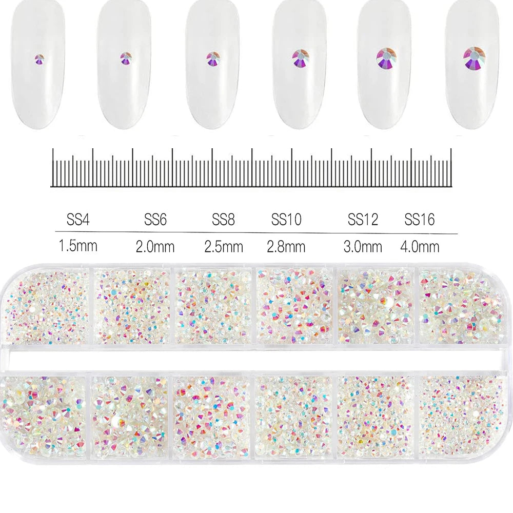 1.5mm-5mm Champagne Glass Crystal Nail Art Gems 12grids Flatback SS4-SS16 Mixed Nail Art Rhinestone Non-Hotfix Diamond Nail Deco