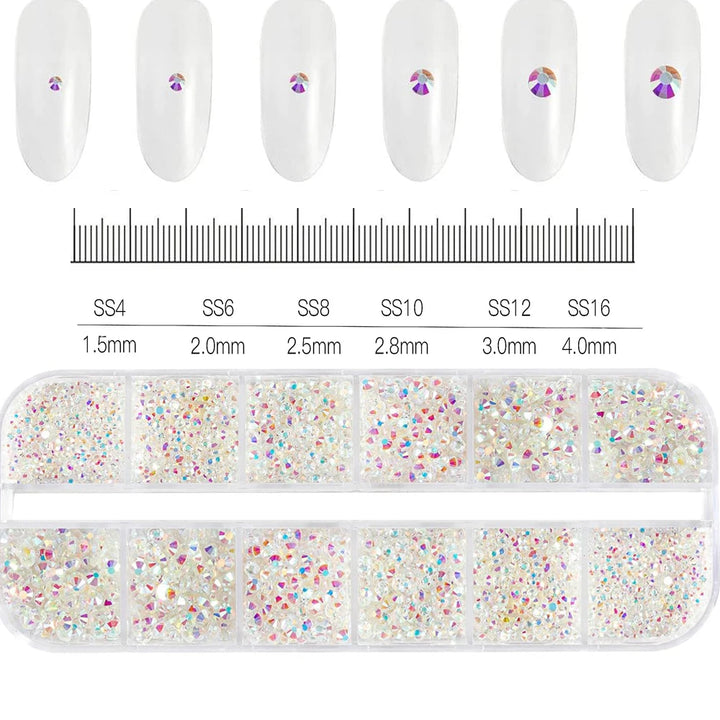1.5mm-5mm Champagne Glass Crystal Nail Art Gems 12grids Flatback SS4-SS16 Mixed Nail Art Rhinestone Non-Hotfix Diamond Nail Deco