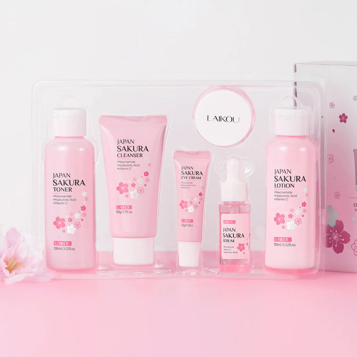 Sakura 6-Piece Skincare Gift Set for Autumn & Winter Deeply Hydrating Cleanser Toner Lotion Serum Eye Cream Essence Cream
