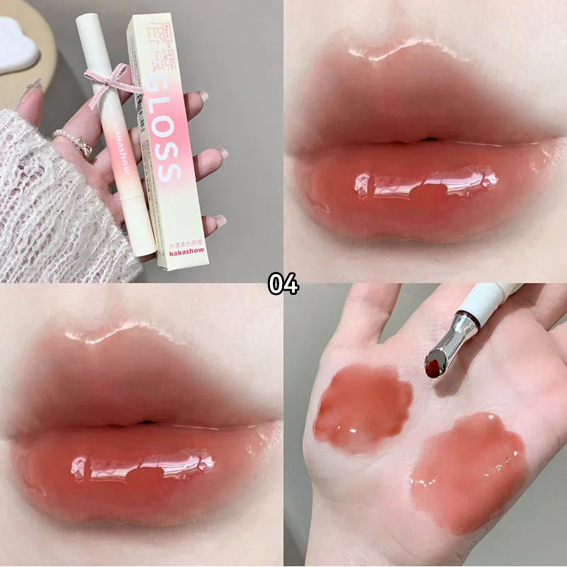 Kakashow Mirror Watery Lip Gloss Iron Brush Head Jelly Lipgloss Moisturizing Lip Tint Lipstick Nature Nude Lips Makeup Cosmetics