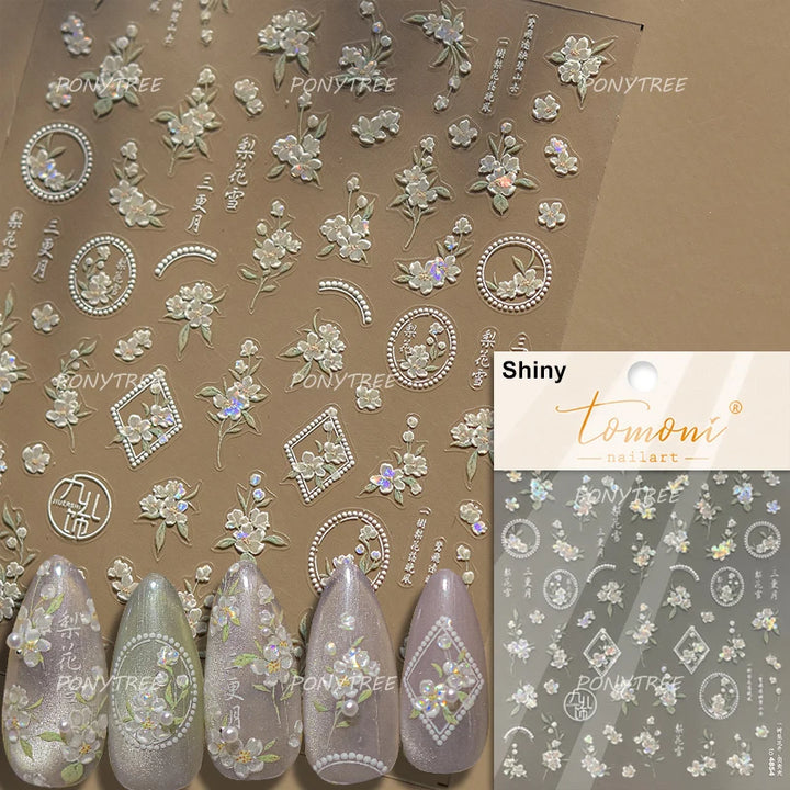 Flowers Blooming Cherry Blossom Sakura Living Peach Branch 5D Soft Relief Spring Adhesive Nail Art Sticker Chic Manicure Decals