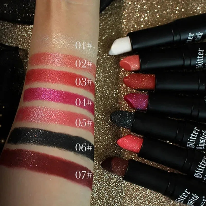 7 Colors Diamond Matte Lipstick Non-stick Cup Flash Lasting Pearlescent Metallic Lipstick Dark Black Lipgloss Women Lips Makeup