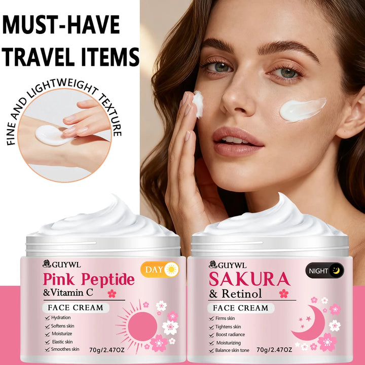 GUYWL Pink Peptide & Vitamin C Sakura & Retinol Facial Cream & Serum Set Day Night Care Combination with Niacinamide Hyaluronic
