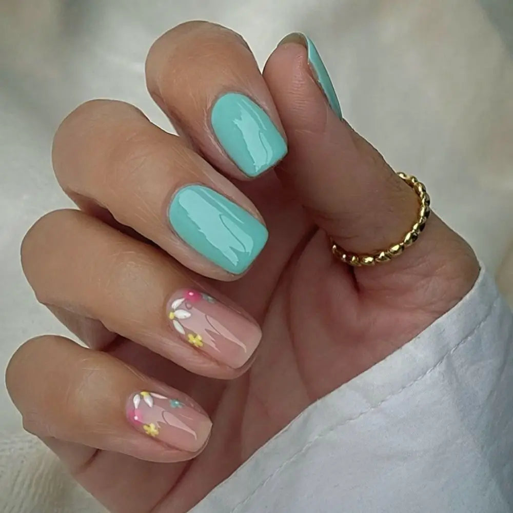 Long Square False Nails White Lips Starbursts Small Flower Fake Nials French Rainbow Stripes Nail Tips DIY Nail Art Accessory