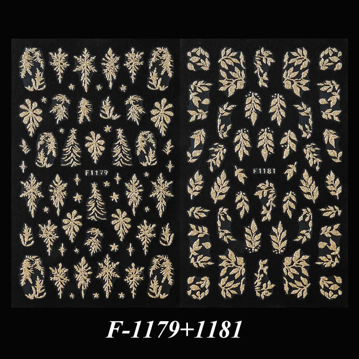 2PCS Golden Glitter Leaf Nail Art Stickers Shinny Christmas Trees Snowflake Sliders Japanese Winter Y2K Leaves Manicure Decor