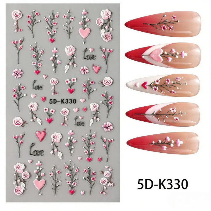 5D Embossed Green Vine Floral Nail Stickers - Matte Finish Self-Adhesive Nail Art Decals with Cartoon-Style Flowers