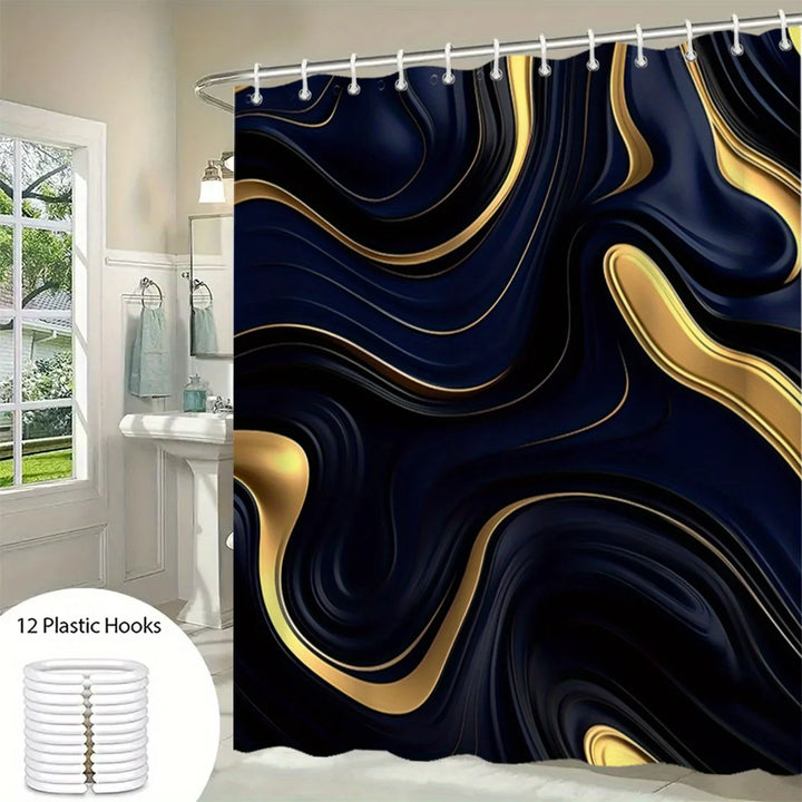 1/3 Piece Black Gold Bath Set - Ripple Shower Curtain with 12 Hooks, Non-Slip Mat and Toilet Seat, Modern Bathroom Decor
