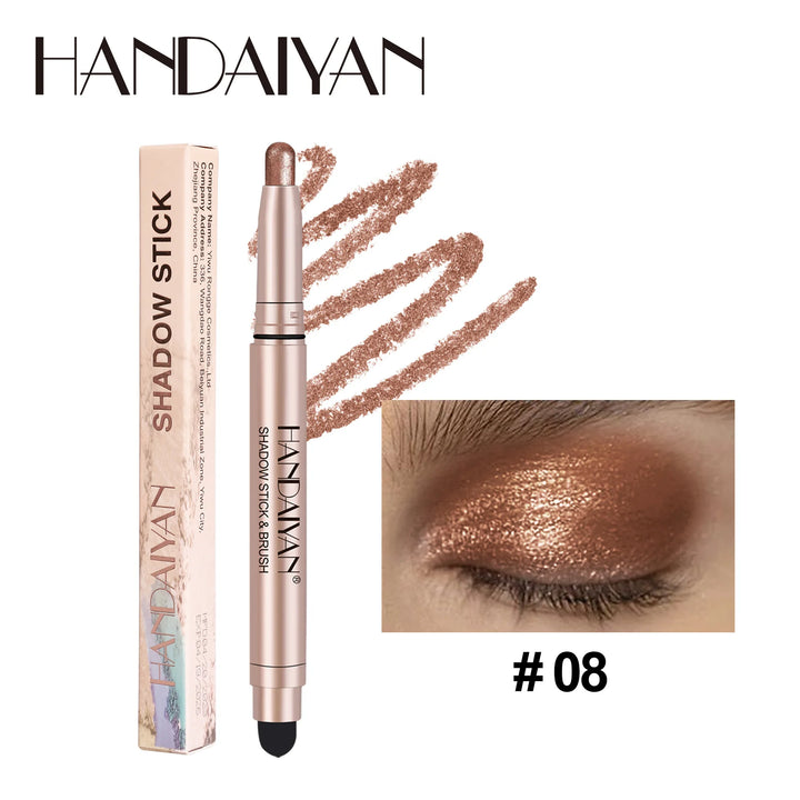 12 Colors Waterproof Eyeshadow Stick Long Lasting Metallic Shimmer Highlighter Cream Pen with Brush Double Head