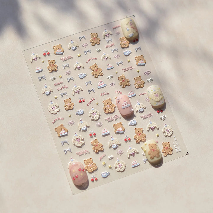 1PCS 5D Embossed Nail Sticker Cute Gray Cake Teddy Bear Bow Cartoon Nail Art Stickers Self Adhesive Nails Decorations Decals DlY