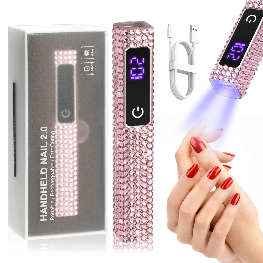 Mini Handheld UV LED Nail Lamp With Diamonds Portable Nail Dryer Rechargeable 2-Timer Gel Curing Tool for On-the-Go Manicures