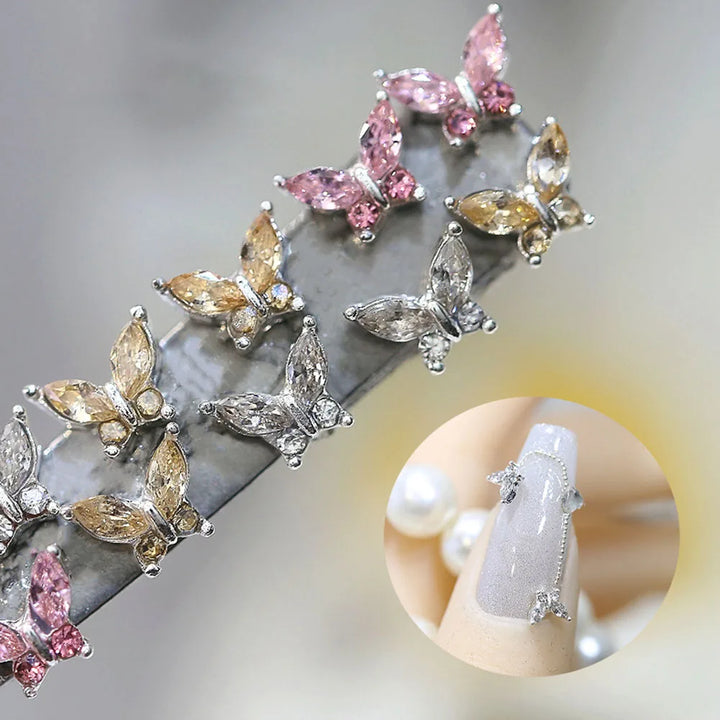 10pcs Mini 4*5mm Crystal Butterfly Nail Art Charms 3D Diamond Jewelry Parts Pink Clear Metal Manicure Decoation Rhinestones Gems