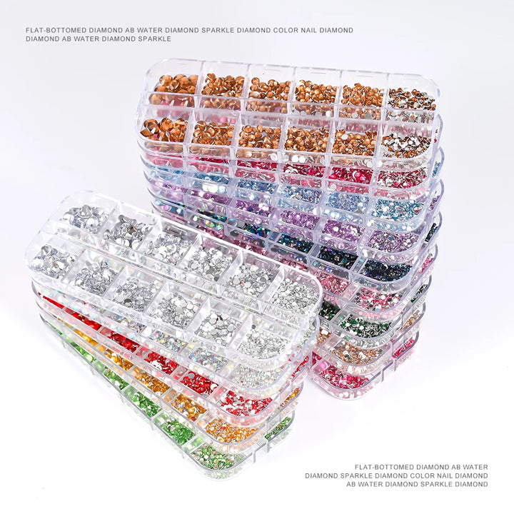 1.5mm-5mm Champagne Glass Crystal Nail Art Gems 12grids Flatback SS4-SS16 Mixed Nail Art Rhinestone Non-Hotfix Diamond Nail Deco