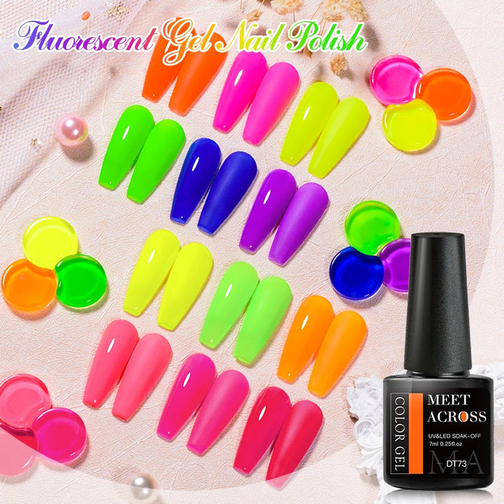 MEET ACROSS 7ml Fluorescent Gel Nail Polish Vernis Summer Neon Semi Permanent UV Gel Varnish Nail Art Manicure For Nails