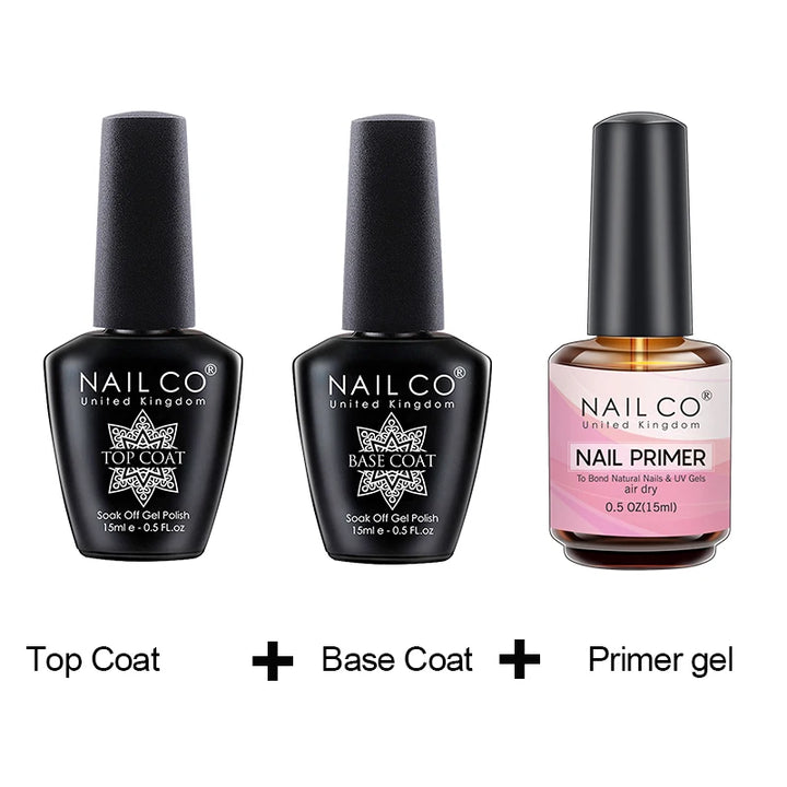 NAILCO 15ml Hema TPO Free No Wipe Top Base Coat Set Art Design Gel Nail Primer Soak Off UV Gel Nail Varnish Nail Remover Gel Kit