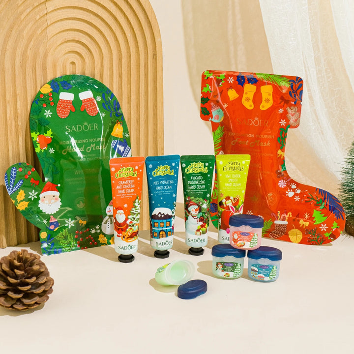 Christmas Skincare Set with Hand and Foot Mask, Lip Mask, Hand Cream, non-sticky, gentle,skincare For all skin, Christmas Gifts