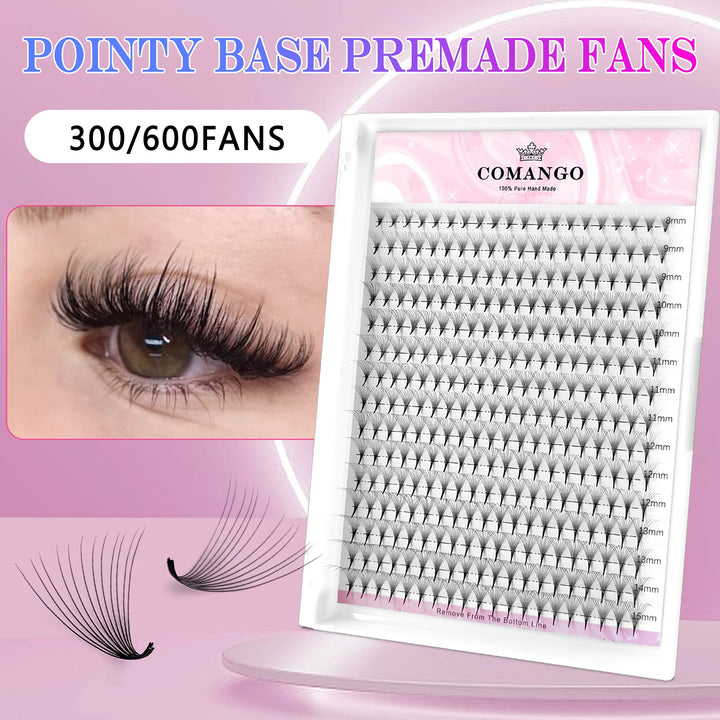 CoMango Premade Volume Fans Sharp Narrow Stem Russian Eyelash Extension Mink Eyelash Extension All Size False Lashes Tray