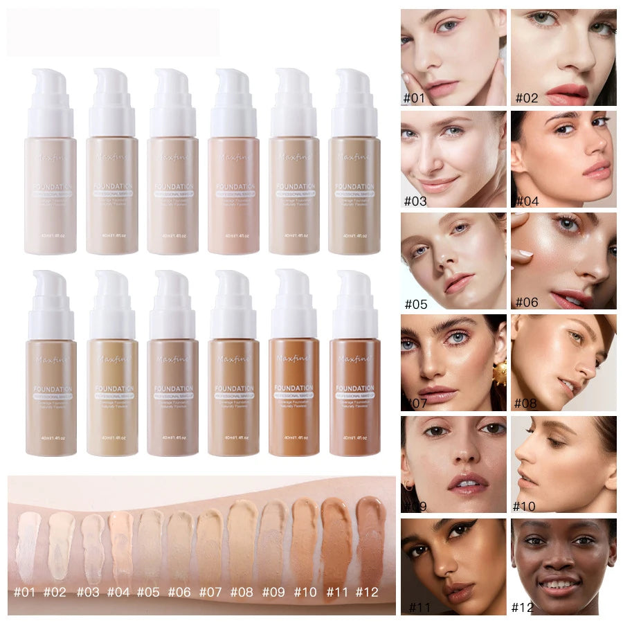 12 Shade Liquid Foundation with Long Lasting Oil Control Concealing Hydrating Lightweight Fine Texture and Non Cakey 1PCS