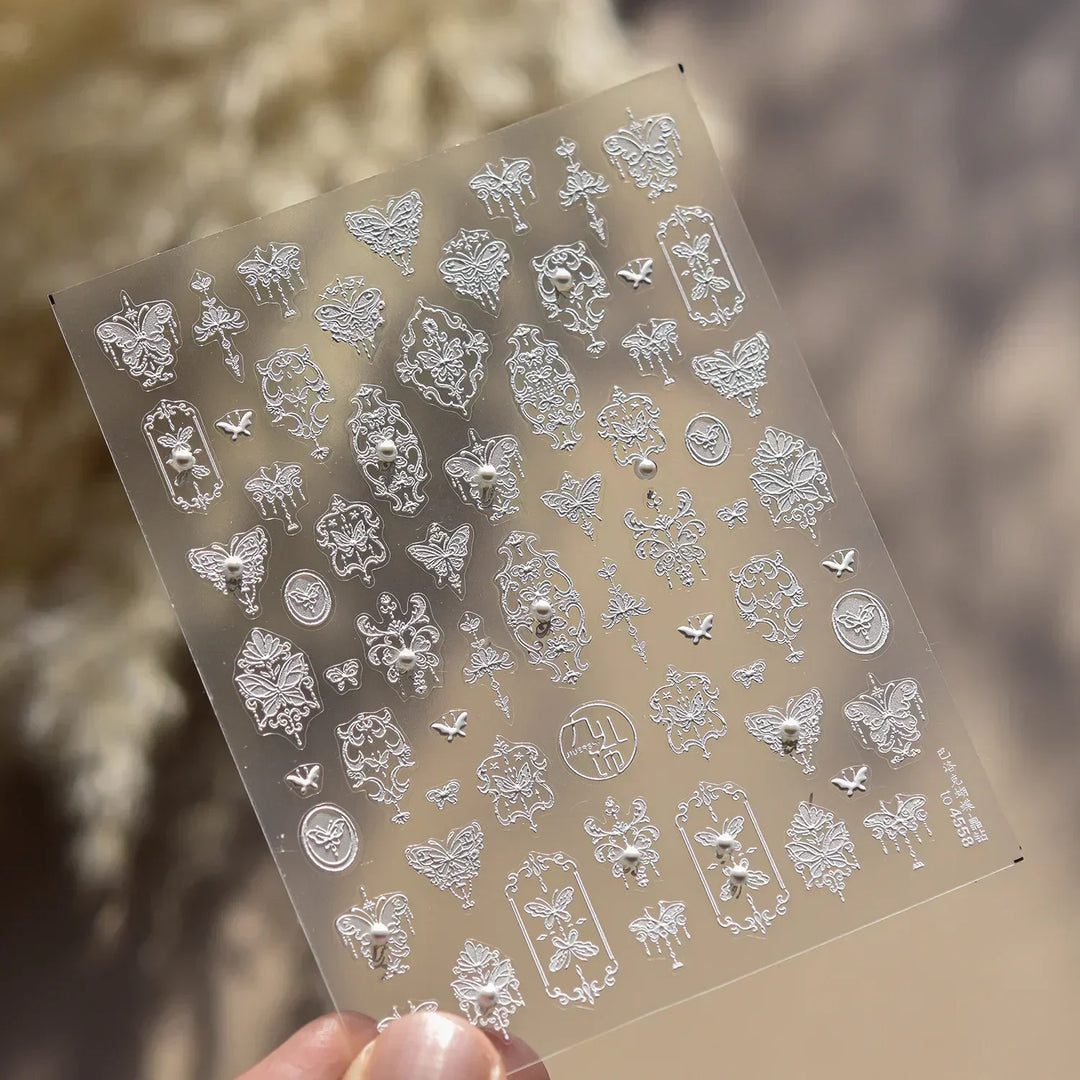 Lace Garden Bowknot Bow Tie Rose Flower Petal Pearl Irregular Border Self Adhesive 5D Nail Art Decoration Sticker Manicure Decal
