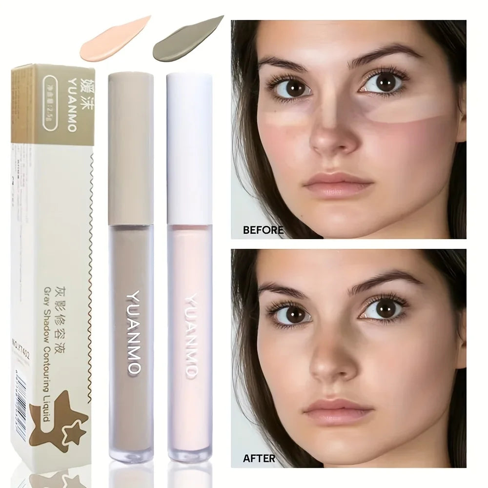 YUANMO 2-Color Contour & Highlight Liquid Set - Gray Shadow Contouring & Brightening Liquid, Long-Lasting Blendable Face Makeup