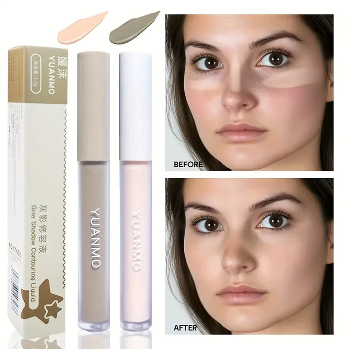 YUANMO 2-Color Contour & Highlight Liquid Set - Gray Shadow Contouring & Brightening Liquid, Long-Lasting Blendable Face Makeup