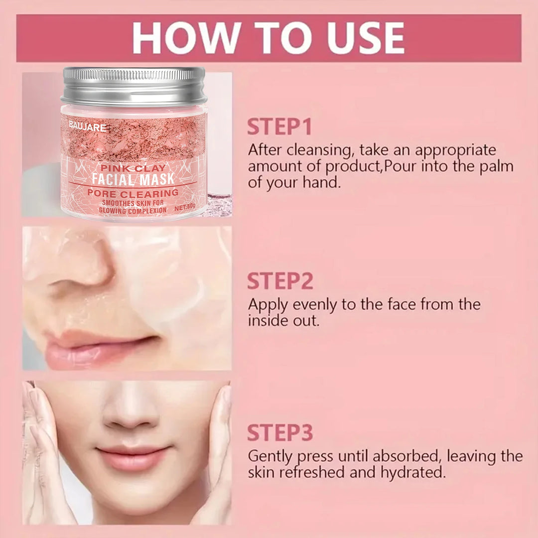 Pink Clay Facial Mask: Pore Clearing, Removes Dirt, Smooths Skin, With Collagen/Biotin for Glowing Complexion