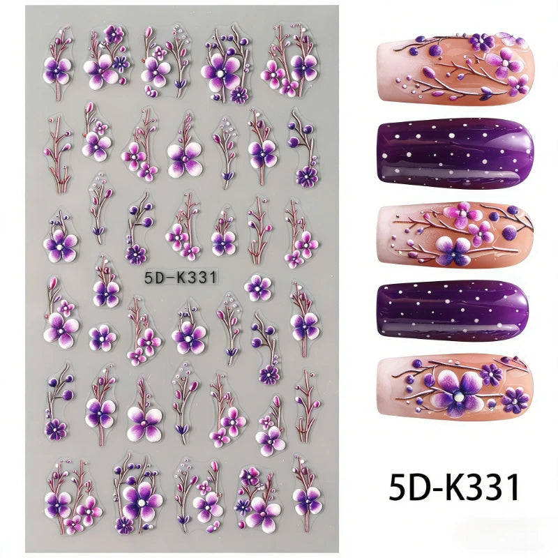 5D Embossed Green Vine Floral Nail Stickers - Matte Finish Self-Adhesive Nail Art Decals with Cartoon-Style Flowers
