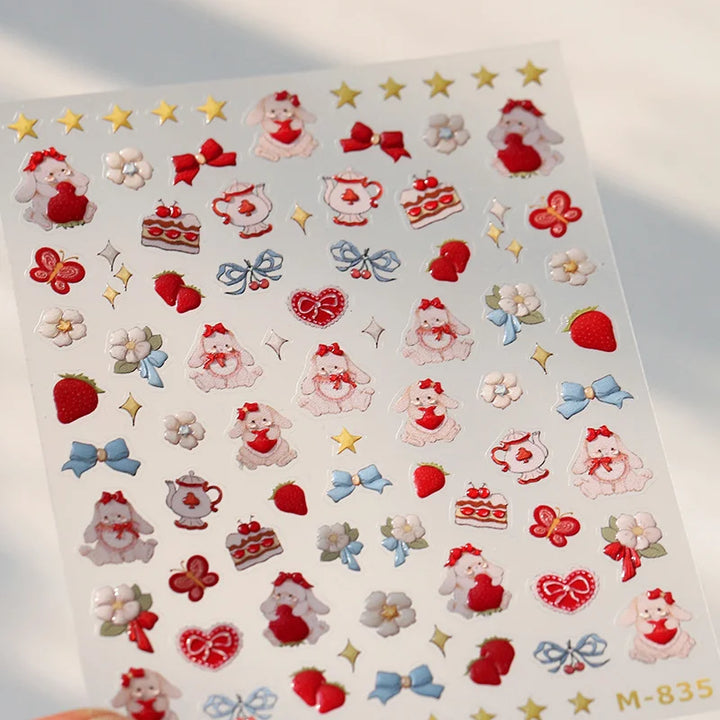 Nail Art Stickers Cute Manicure Decals Lovely Strawberry Muffin Cream Cake Ice Cream Bowknot 5D Embossed Reliefs Self Adhesive